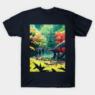 Wild Dinosaur in Fall Season Autumn Leaves of Jungle Enjoying Fall Vibes T-Shirt